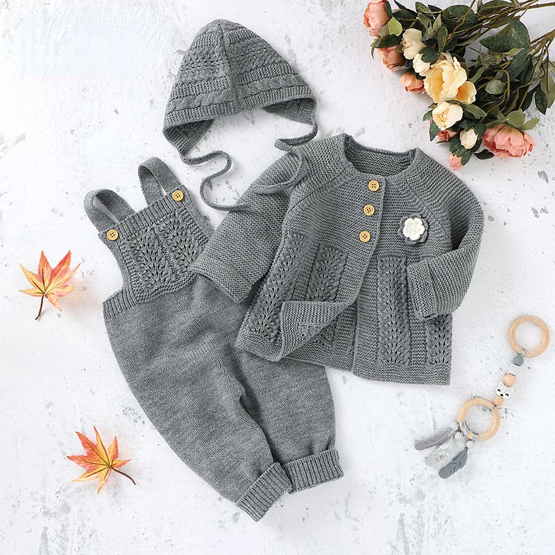 Newly Designed Baby Clothing Set Freely Collocation Solid Color Baby Knitted Coat Romper Hat 3pcs Suit For Boy Girl