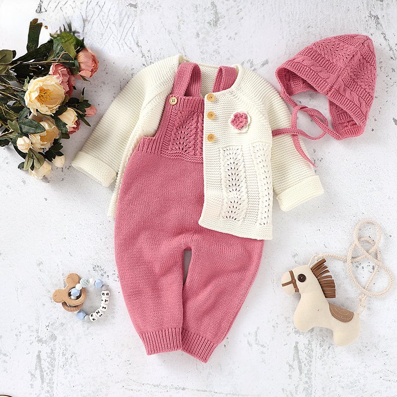 Newly Designed Baby Clothing Set Freely Collocation Solid Color Baby Knitted Coat Romper Hat 3pcs Suit For Boy Girl