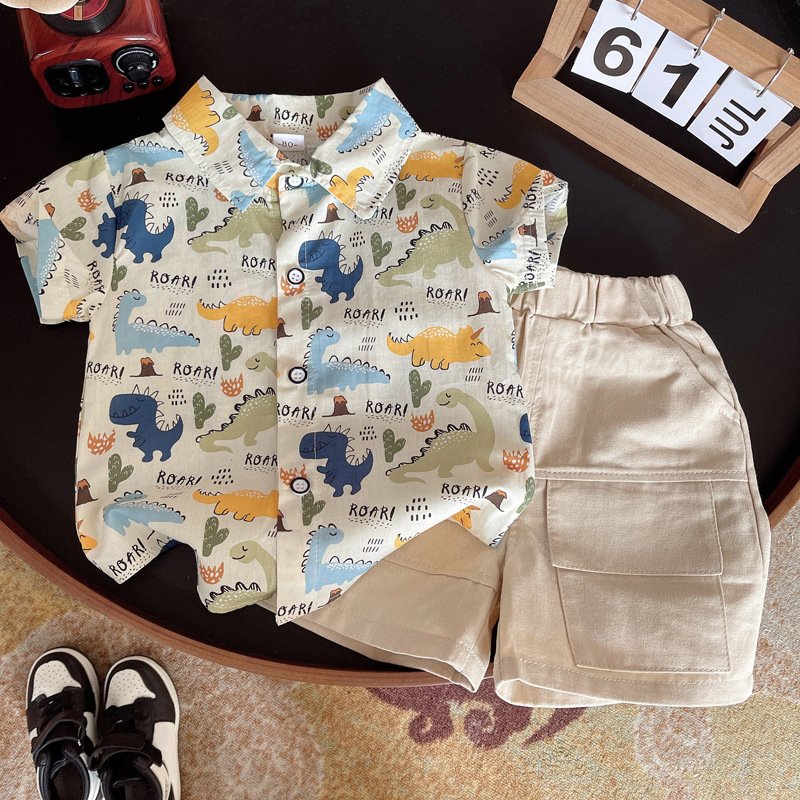New Stylish Summer Children Outfits 2pcs Shirt+Shorts Cartoon Pattern Casual Boys Clothing Sets
