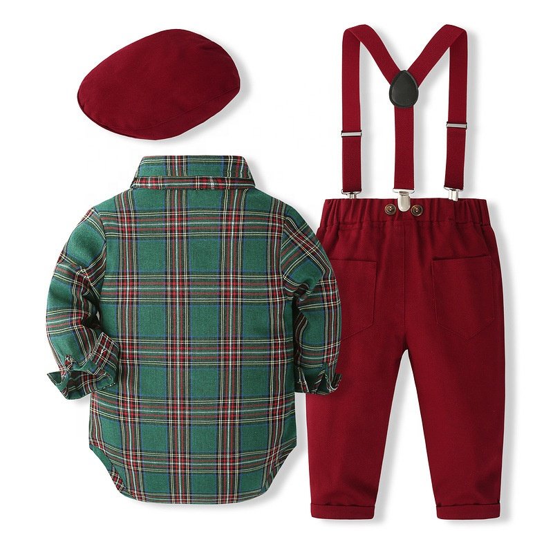 Baby Formal Christmas Dress Outfits 2024 Spring and Autumn New Boys Long Sleeve Plaid Suspender Pants suit