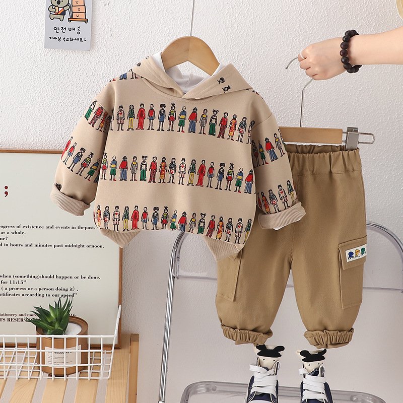 Baby Autumn Set 2024 New Boys' Clothing 1-4 Year Old Cartoon Hoodie Two Piece Set Handsome