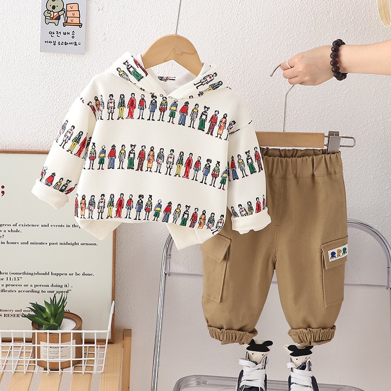 Baby Autumn Set 2024 New Boys' Clothing 1-4 Year Old Cartoon Hoodie Two Piece Set Handsome