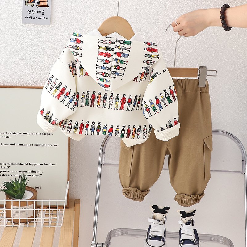 Baby Autumn Set 2024 New Boys' Clothing 1-4 Year Old Cartoon Hoodie Two Piece Set Handsome