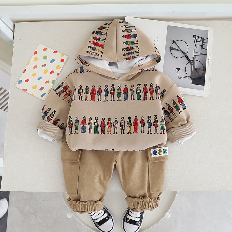 Baby Autumn Set 2024 New Boys' Clothing 1-4 Year Old Cartoon Hoodie Two Piece Set Handsome