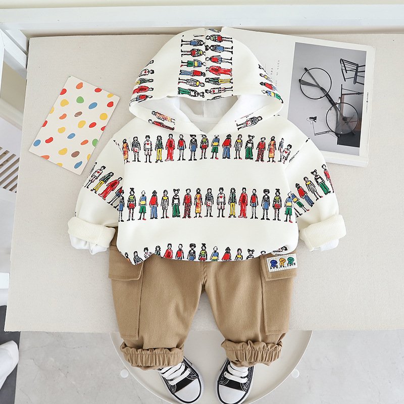 Baby Autumn Set 2024 New Boys' Clothing 1-4 Year Old Cartoon Hoodie Two Piece Set Handsome