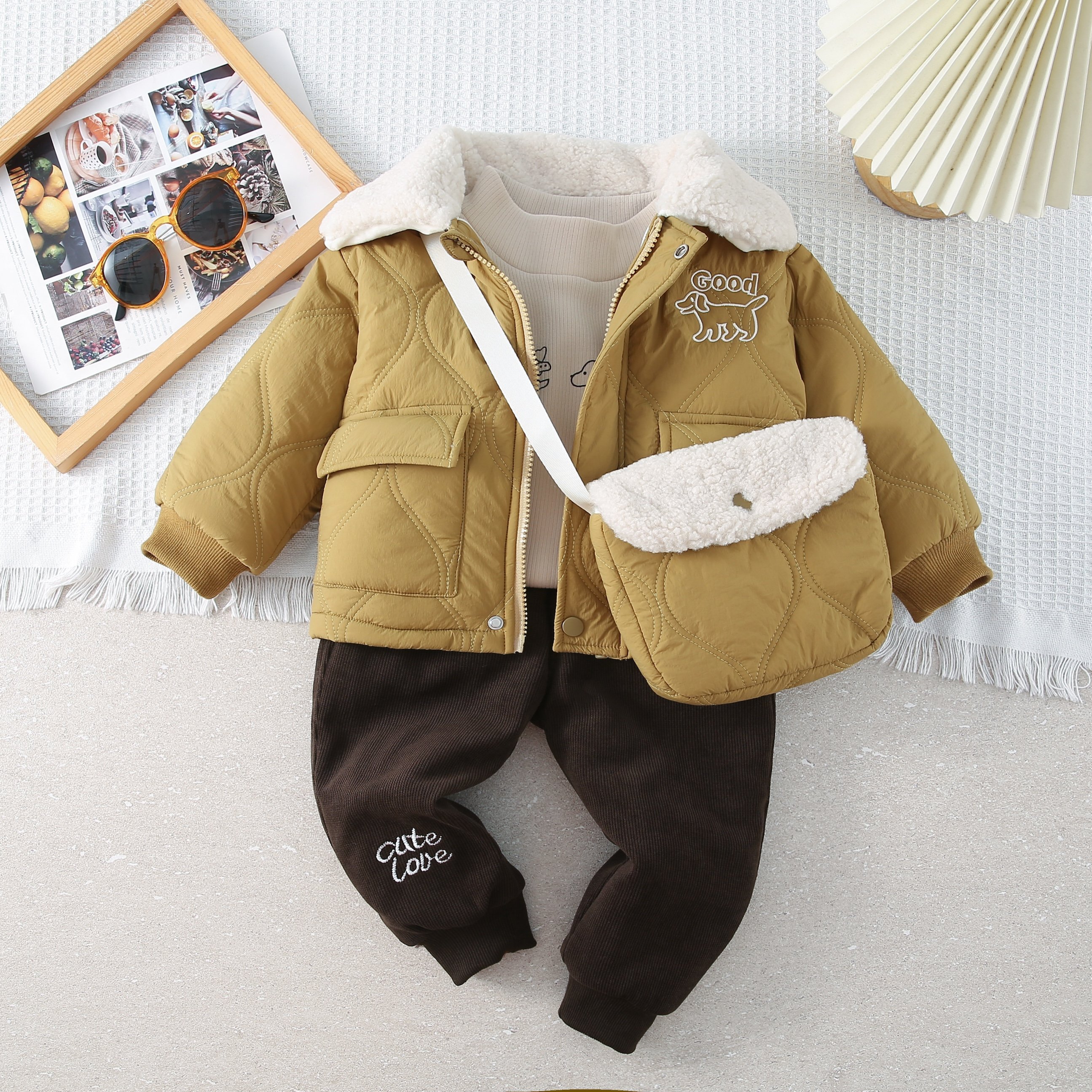 Boys' Set Autumn and Winter New Thickened Clothes Baby Fashionable Letter Hooded Coat Three Piece Children Clothing Set