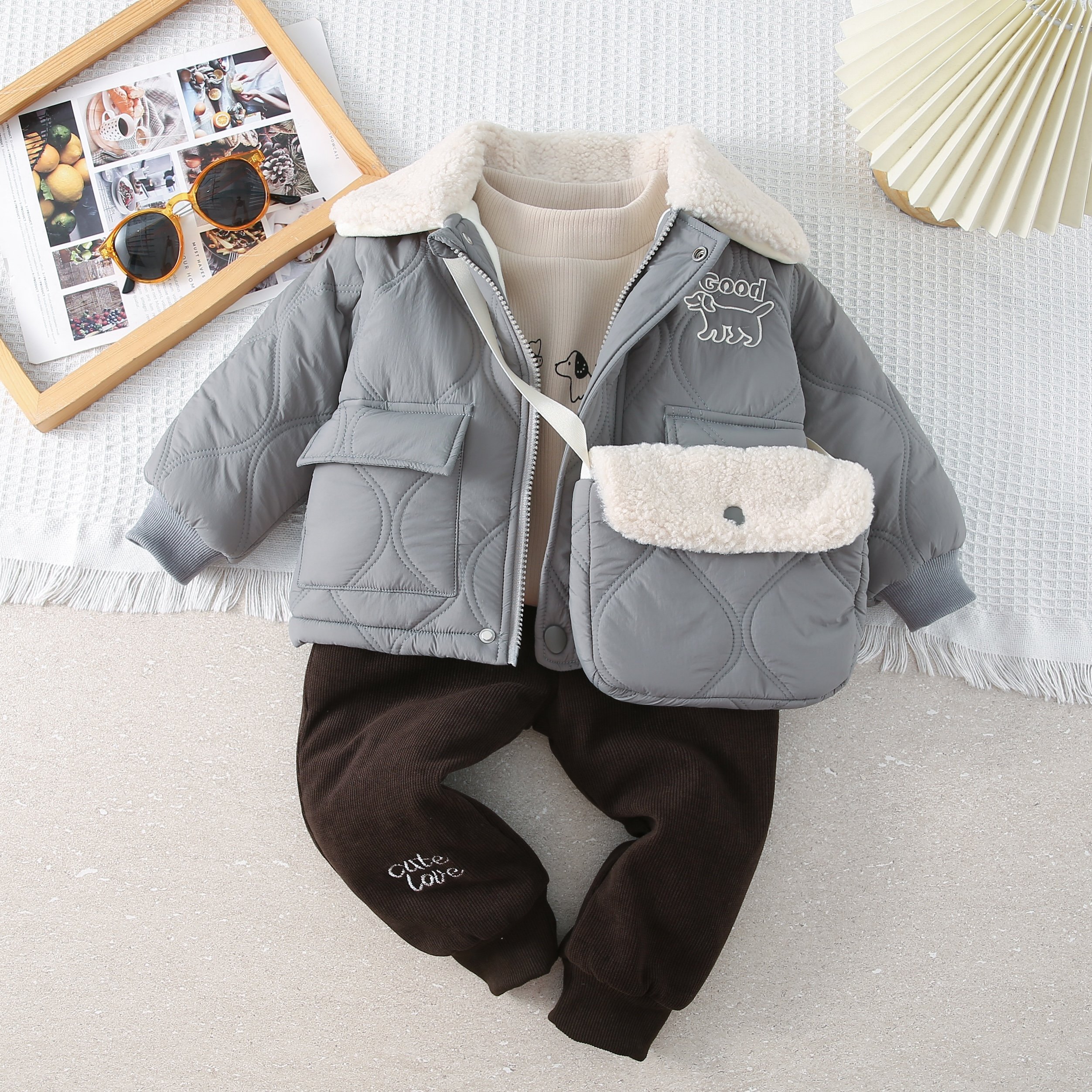 Boys' Set Autumn and Winter New Thickened Clothes Baby Fashionable Letter Hooded Coat Three Piece Children Clothing Set
