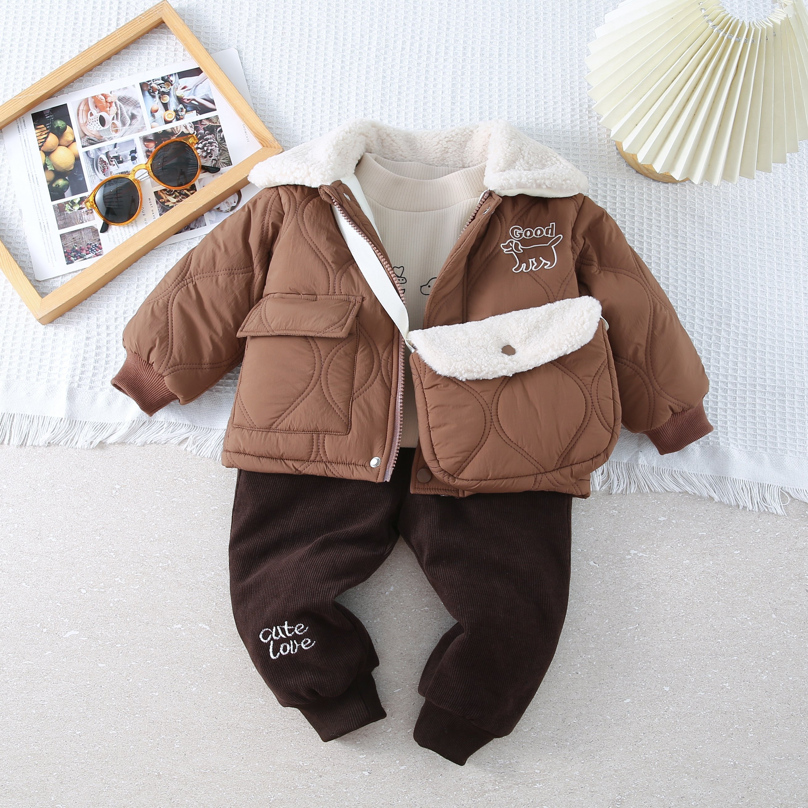 Boys' Set Autumn and Winter New Thickened Clothes Baby Fashionable Letter Hooded Coat Three Piece Children Clothing Set