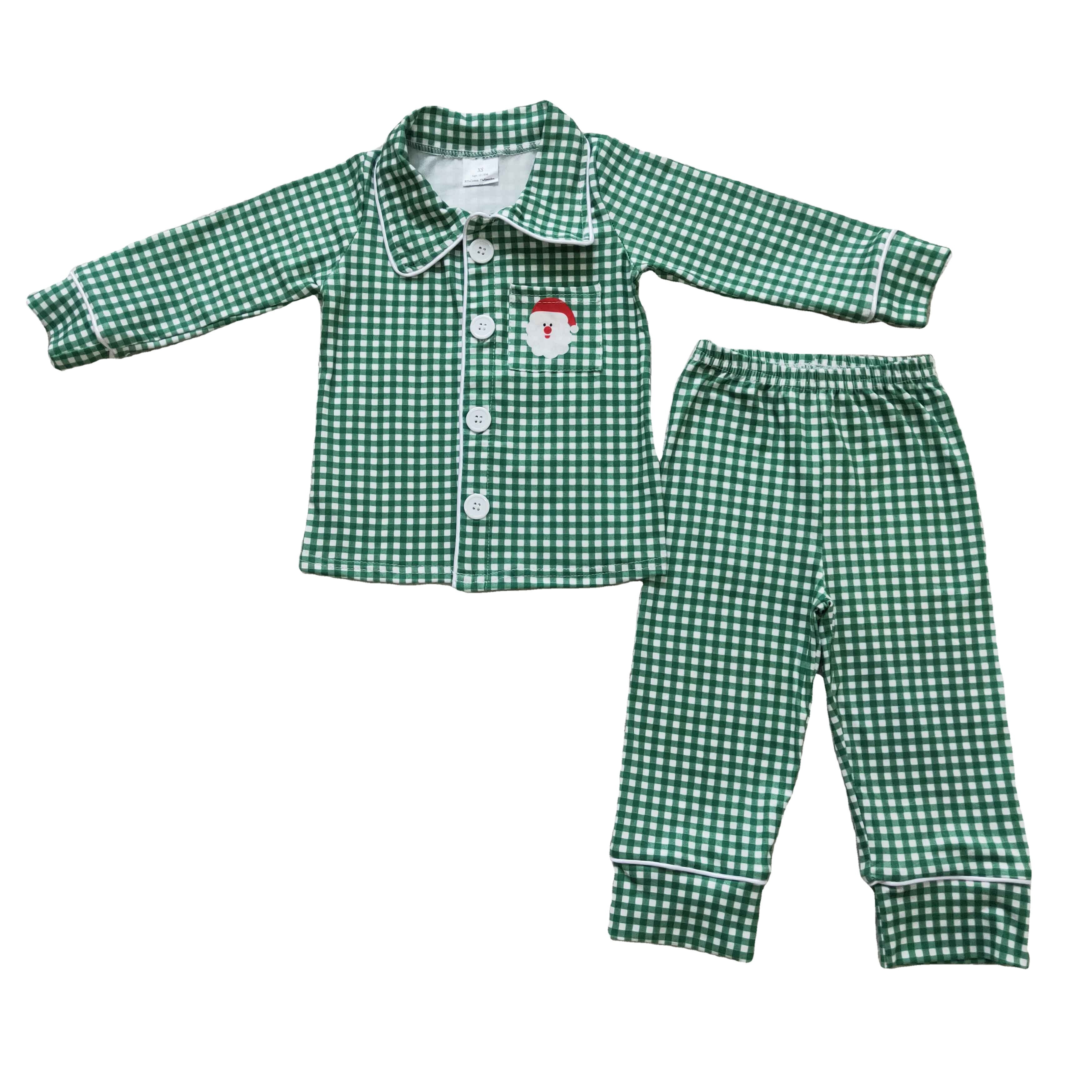 Comfy milk silk green pajamas button v-neck long sleeve leisure long embroidery pant Santa Claus patterns children boy clothing