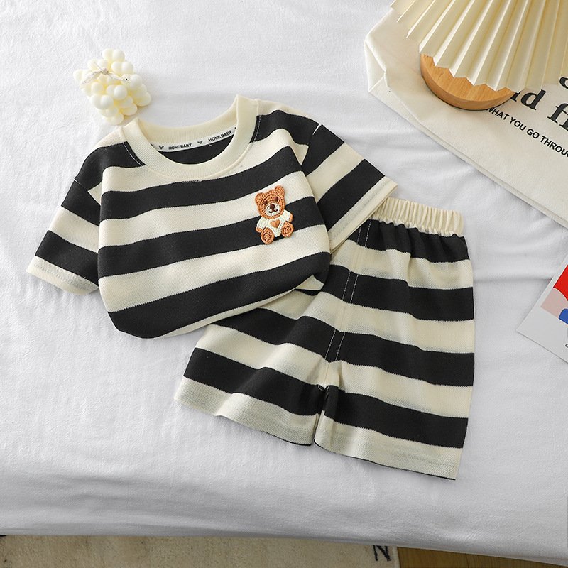 Children's Short Sleeve Suit Striped Girls Boys T-Shirt Clothes Summer Baby Clothes Children casual Clothing Set Kids Wholesale