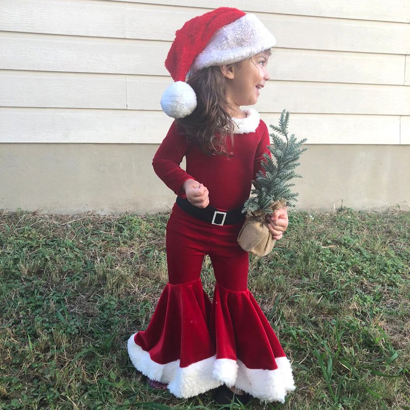 Christmas set Boys and girls camel hair long sleeve set hat + top + frilly trousers three-piece set for children's suit