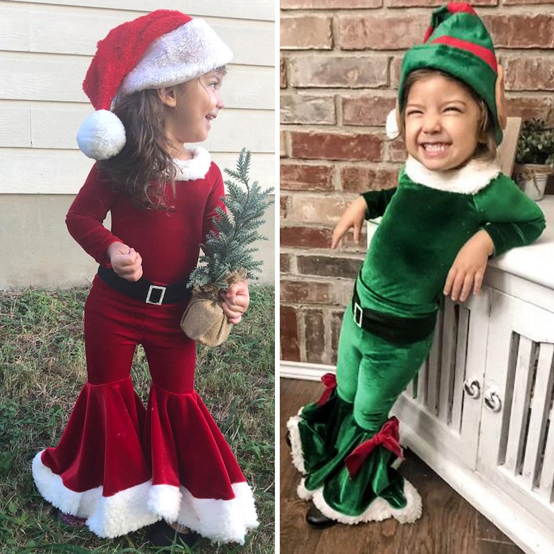 Christmas set Boys and girls camel hair long sleeve set hat + top + frilly trousers three-piece set for children's suit