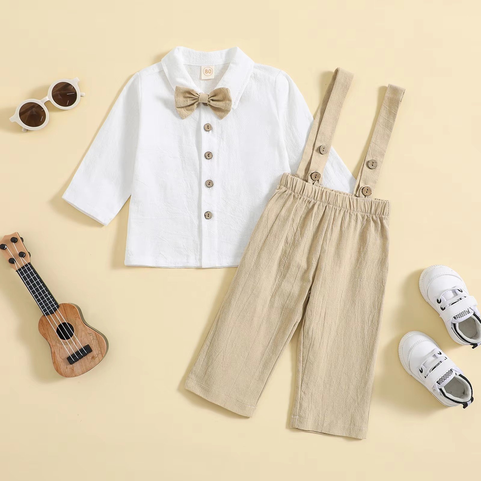 2024 Autumn Boys Clothing White Shirt Suspender Pants Three-Piece Set