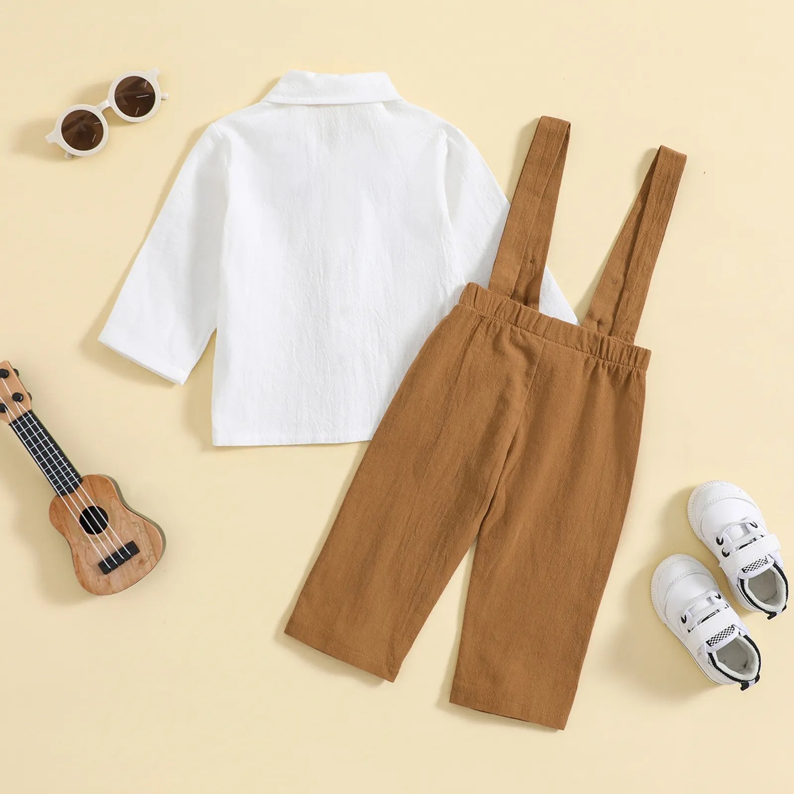 2024 Autumn Boys Clothing White Shirt Suspender Pants Three-Piece Set