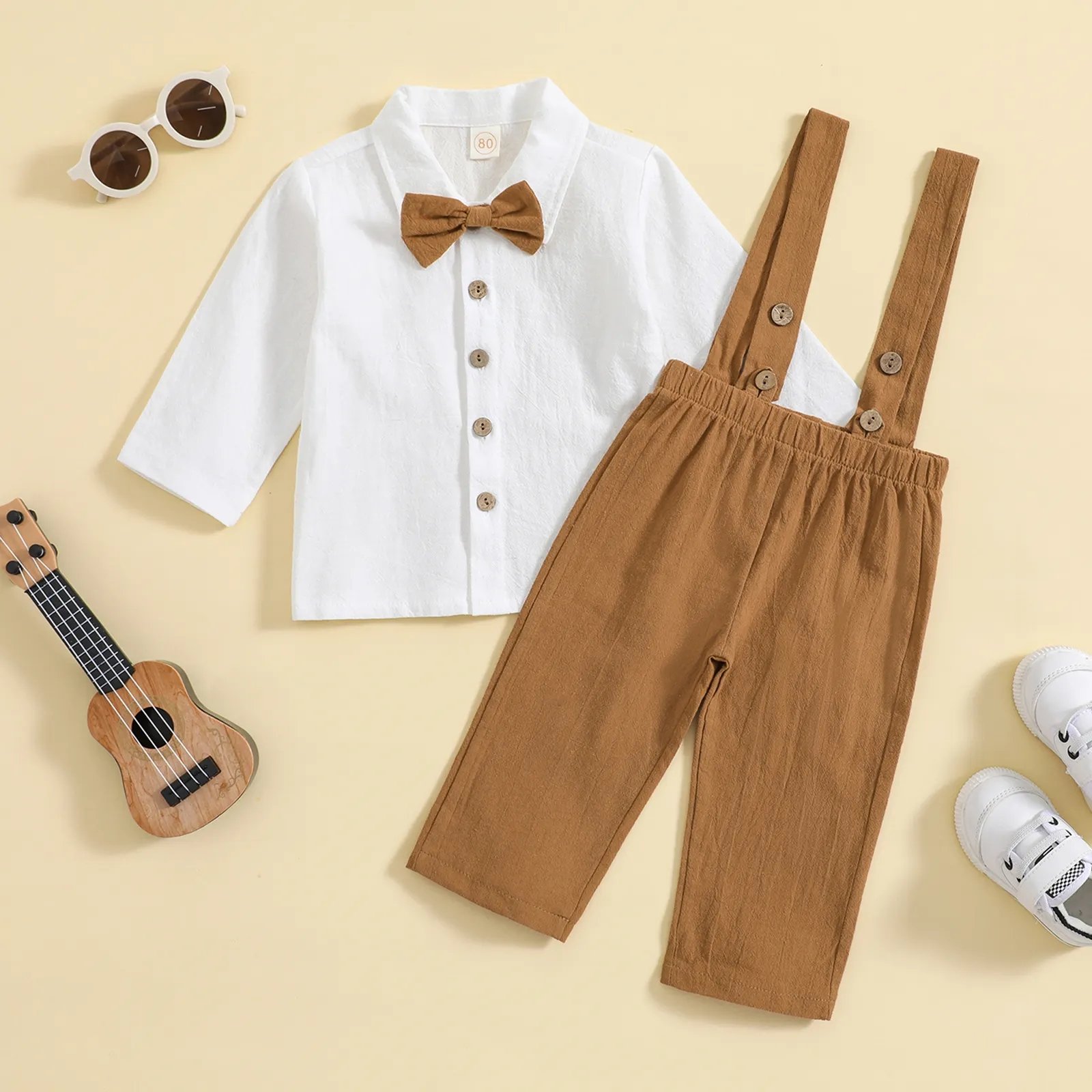 2024 Autumn Boys Clothing White Shirt Suspender Pants Three-Piece Set