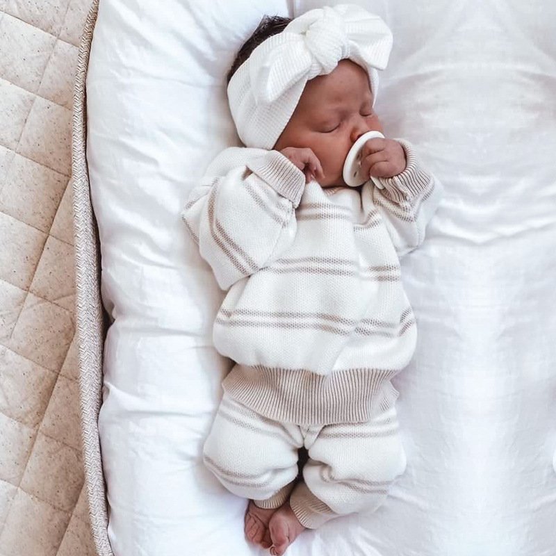 1 Pcs Personalized Label Knit Outfit Spring Autumn Newborn Infant Toddler Boys Girls Clothing Top Pants Baby Neutral Clothes Set
