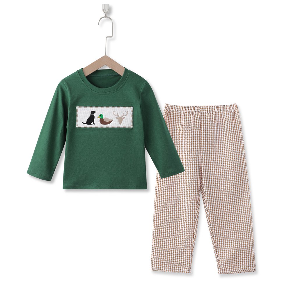 Wholesale Boys Pumpkin Dinosaur Applique Clothes Children Fall smocked Pants set Kids Long Sleeve Cotton Clothing Sets
