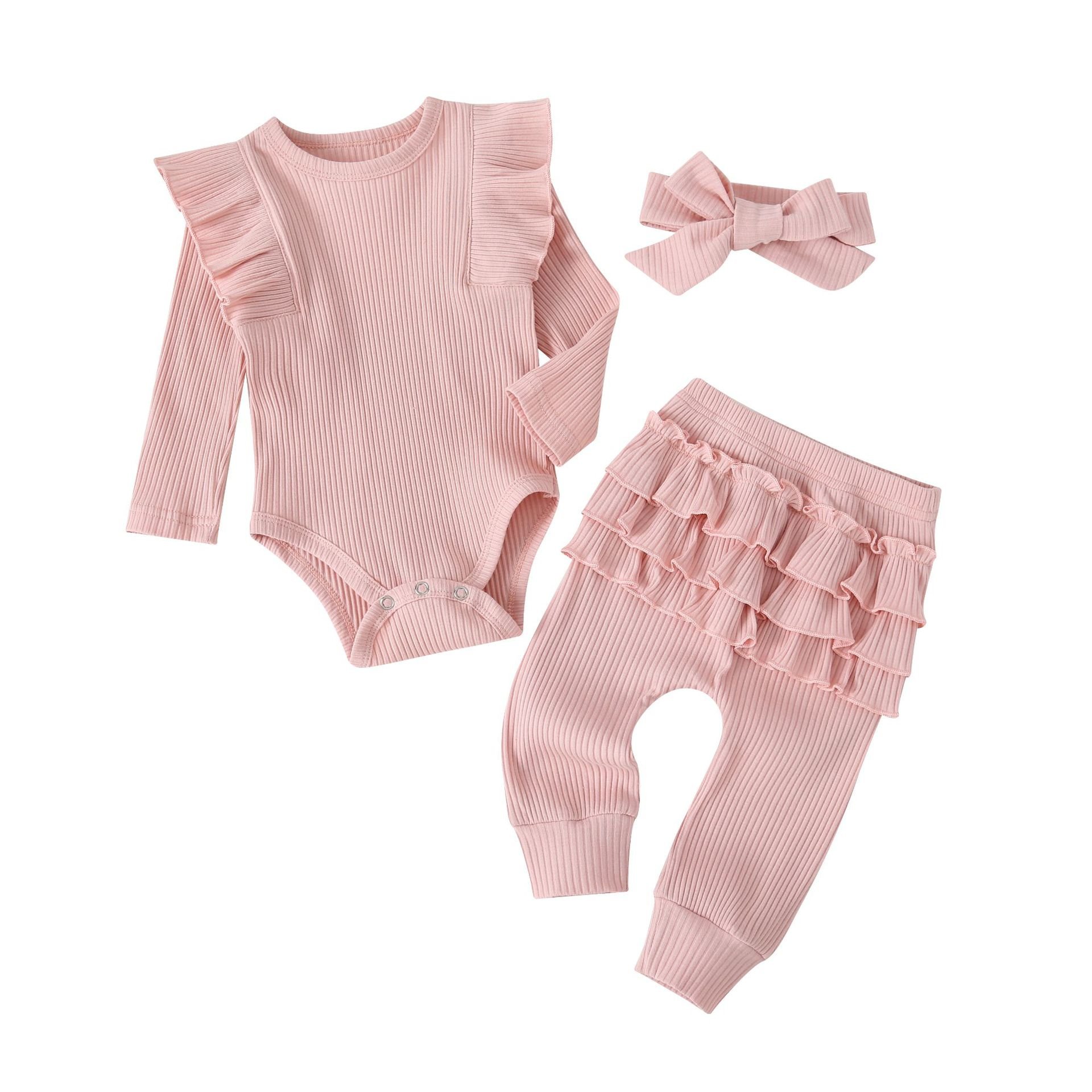 Autumn children clothing for girls casual pink long-sleeved lace sleeves three-piece romper with bow headdress
