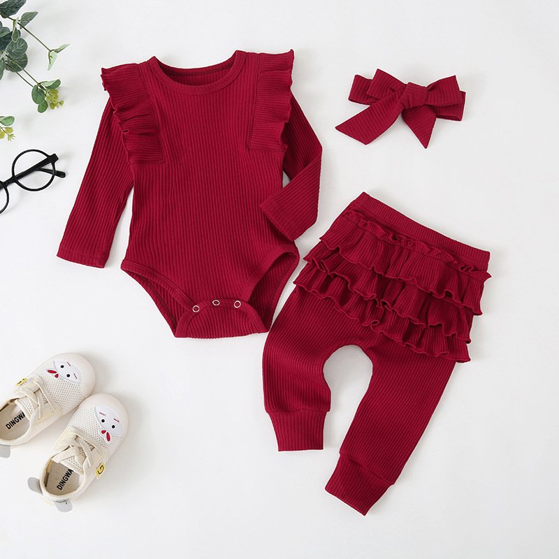 Autumn children clothing for girls casual pink long-sleeved lace sleeves three-piece romper with bow headdress