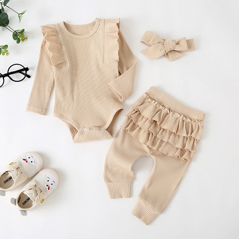 Autumn children clothing for girls casual pink long-sleeved lace sleeves three-piece romper with bow headdress