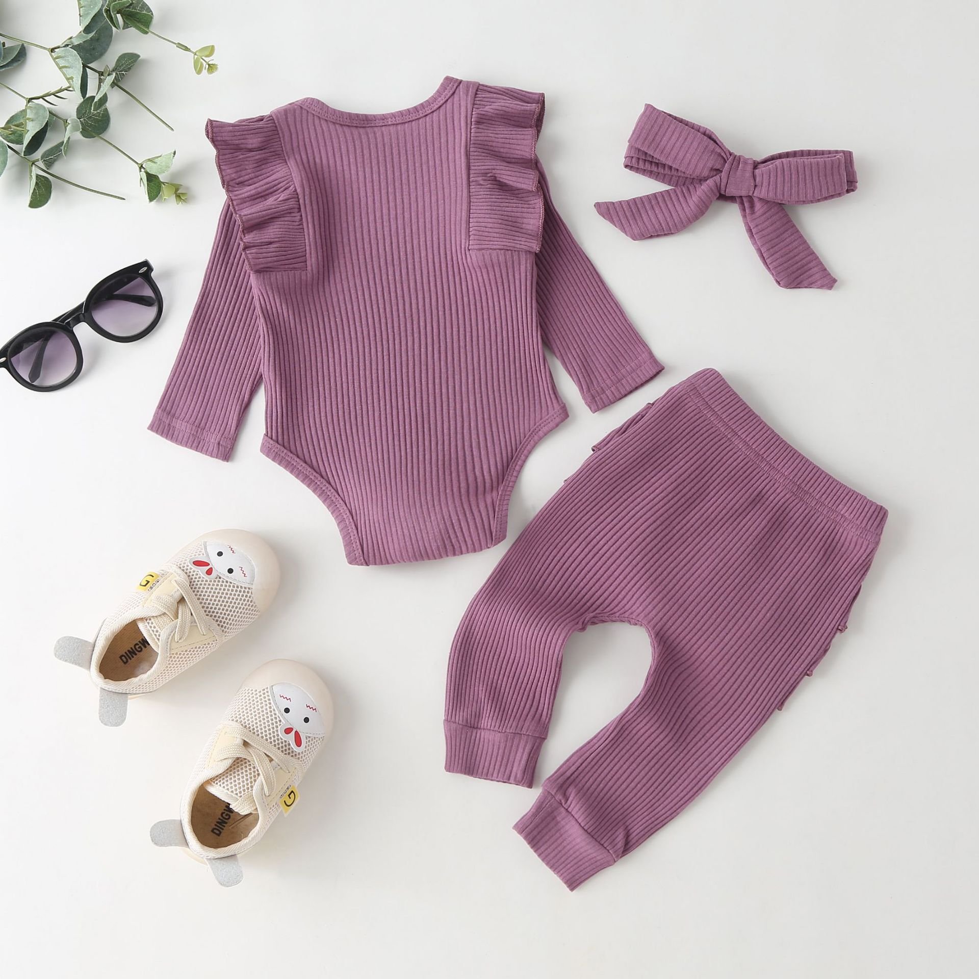 Autumn children clothing for girls casual pink long-sleeved lace sleeves three-piece romper with bow headdress