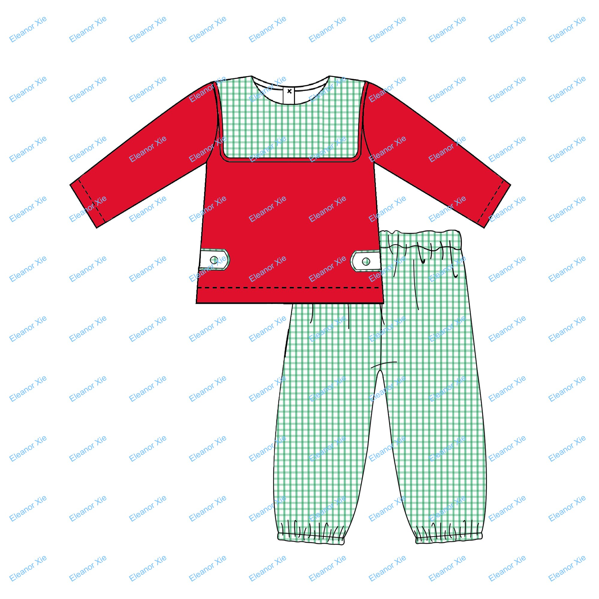 Sibling matching Christmas red cotton green windowpane children boys pants set winter square collar toddler boy clothing sets