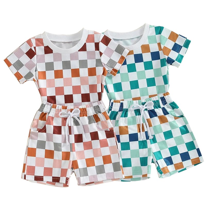 Checkered Print T Shirt Shorts Two Pieces Sets Baby Toddler Girl Boy Summer Autumn Lovely Outfits Sport Wear
