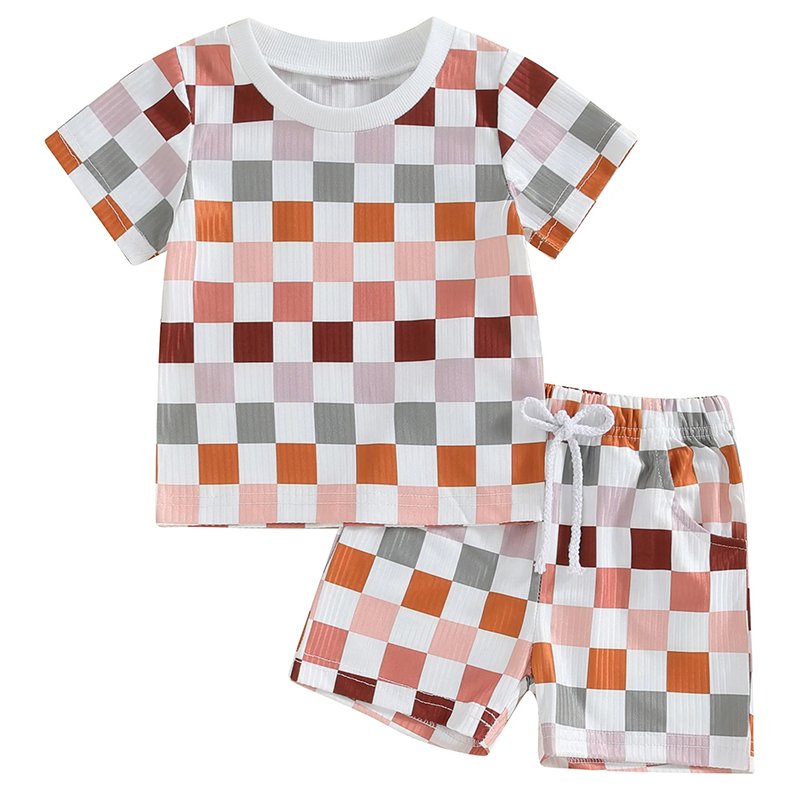 Checkered Print T Shirt Shorts Two Pieces Sets Baby Toddler Girl Boy Summer Autumn Lovely Outfits Sport Wear