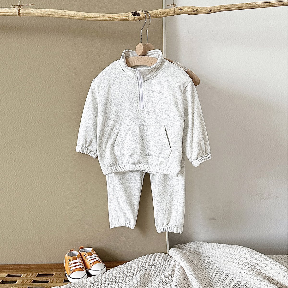 Autumn Solid Color Baby Cotton Long-sleeved Suit Newborn Stand-up Collar Zip-up Shirt Clothes 2pcs