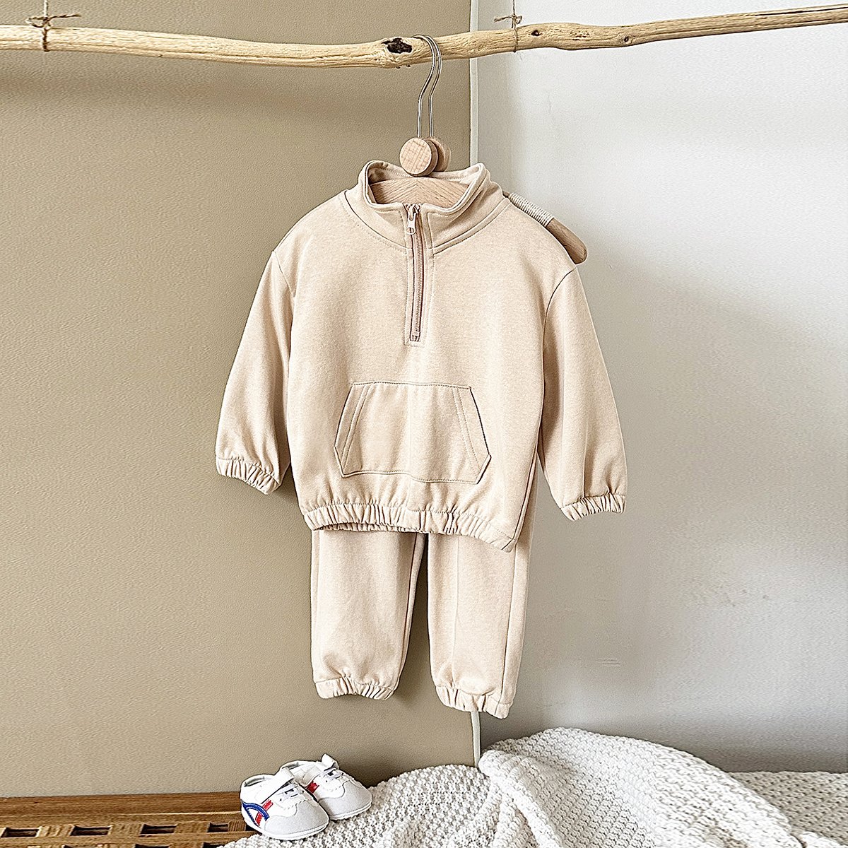 Autumn Solid Color Baby Cotton Long-sleeved Suit Newborn Stand-up Collar Zip-up Shirt Clothes 2pcs