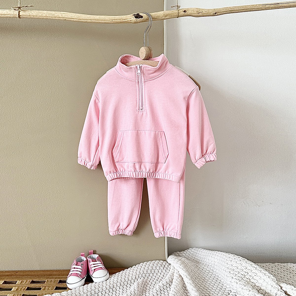 Autumn Solid Color Baby Cotton Long-sleeved Suit Newborn Stand-up Collar Zip-up Shirt Clothes 2pcs