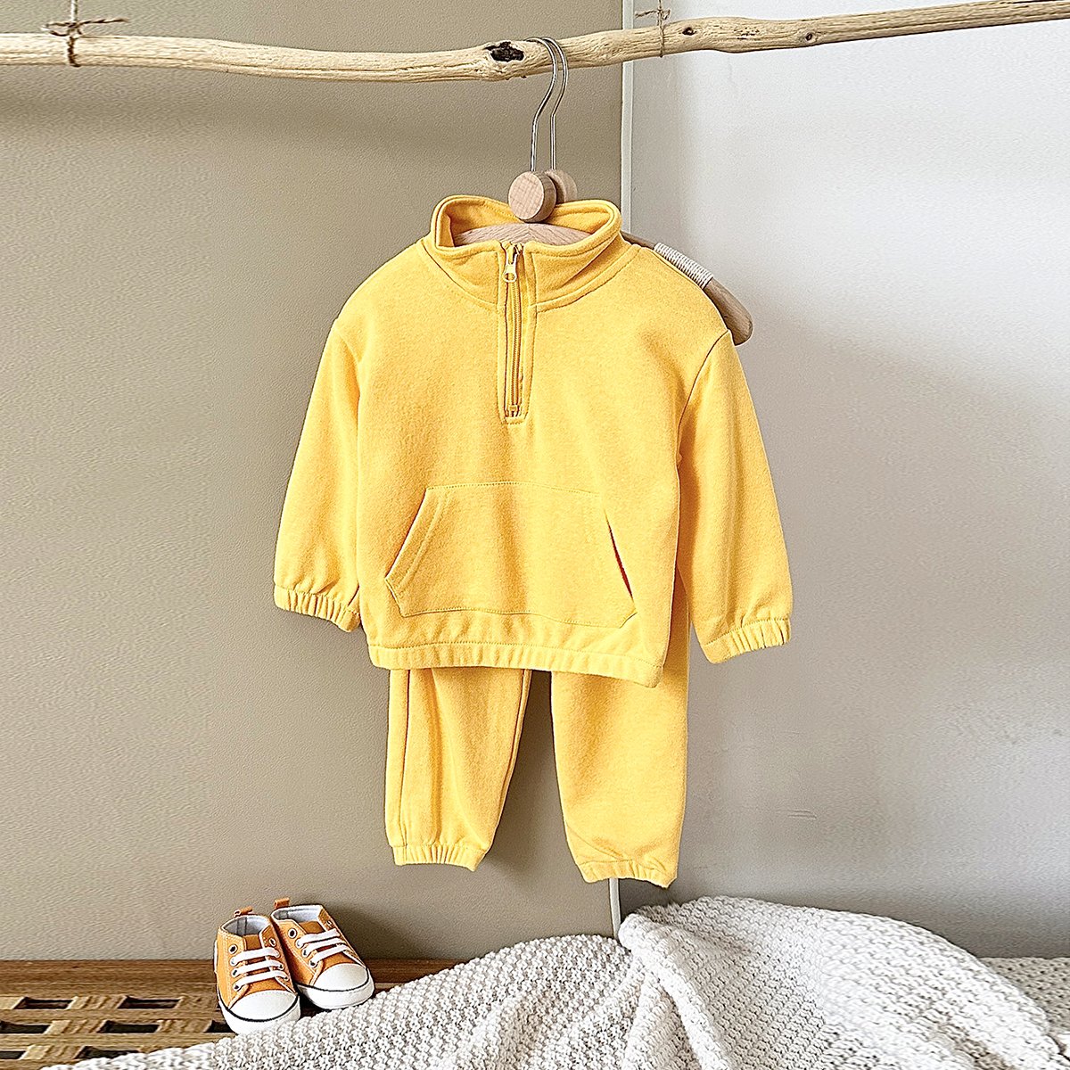 Autumn Solid Color Baby Cotton Long-sleeved Suit Newborn Stand-up Collar Zip-up Shirt Clothes 2pcs
