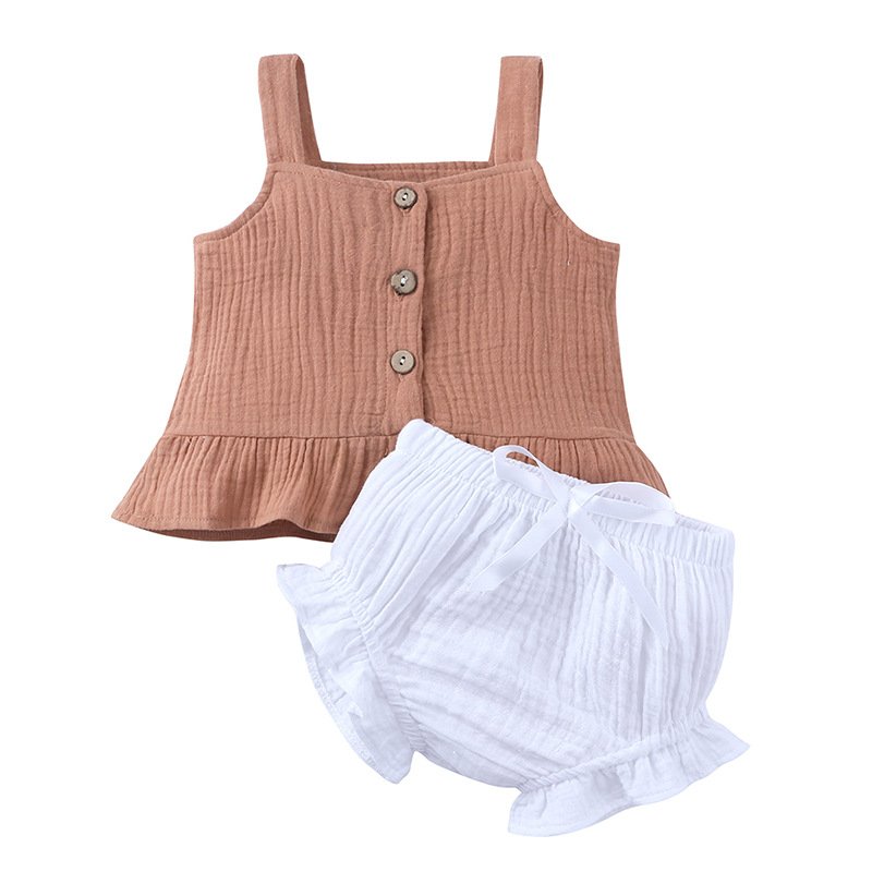 1 Pcs Private Label Baby Cotton Linen Strap Top Short Girls Clothing Set