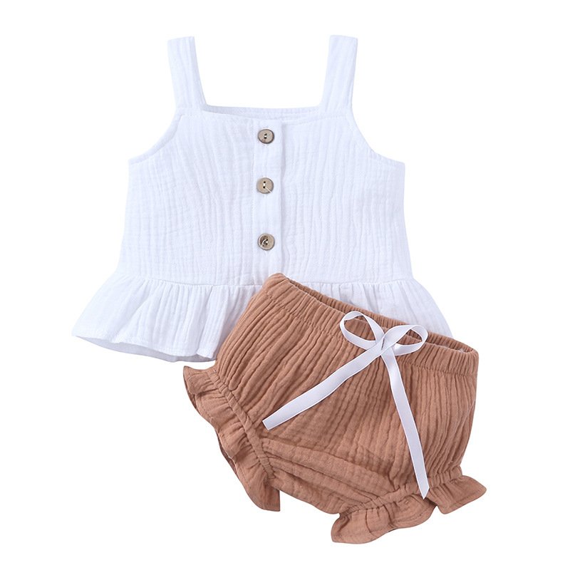 1 Pcs Private Label Baby Cotton Linen Strap Top Short Girls Clothing Set