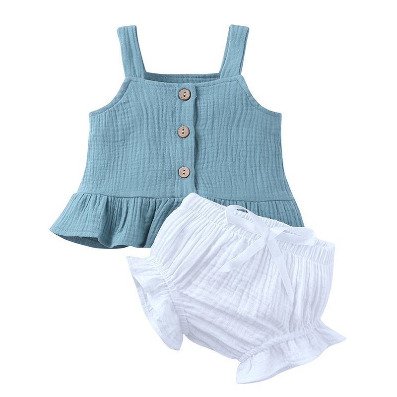 1 Pcs Private Label Baby Cotton Linen Strap Top Short Girls Clothing Set