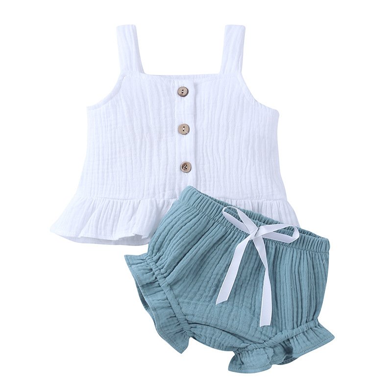 1 Pcs Private Label Baby Cotton Linen Strap Top Short Girls Clothing Set