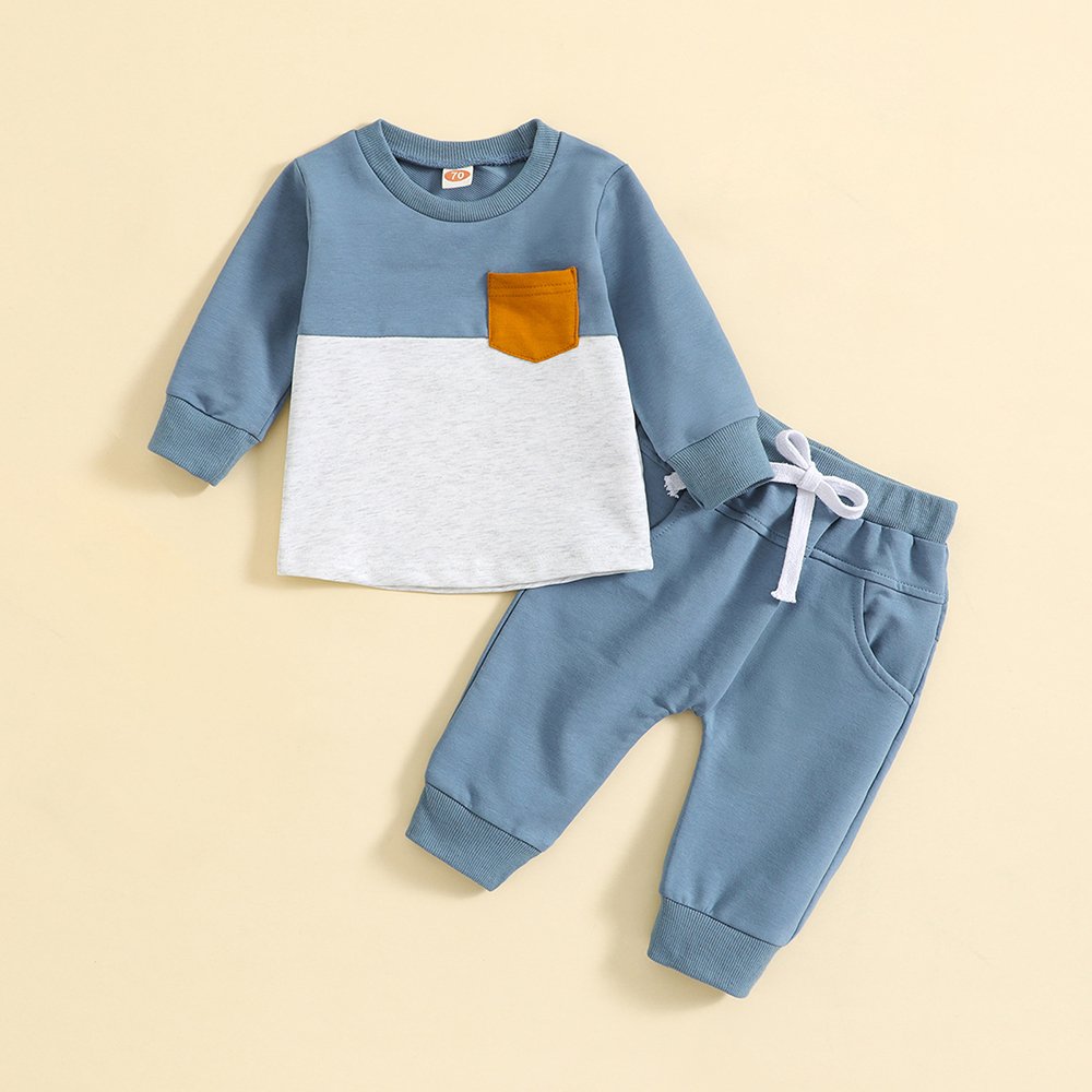 Wholesale autumn winter 0-3Y kids boy clothing set casual patchwork long sleeve jumper trousers little boys set clothes 2 piece