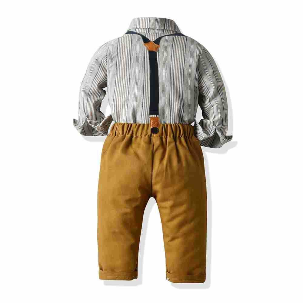 Autumn children boys clothing set Stripe Formal kids cotton bow shirt top+suspender Pants outfits baby boy's gentleman suit