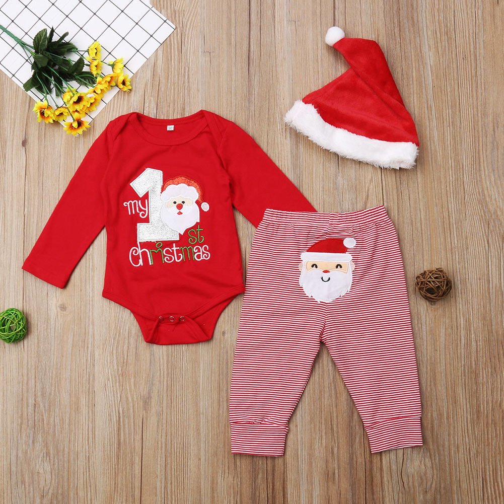 Infant Christmas Clothing 3 Piece Autumn and Winter Boys Girls Long Sleeve Romper Striped Pants Hat Set Cute Baby Suit