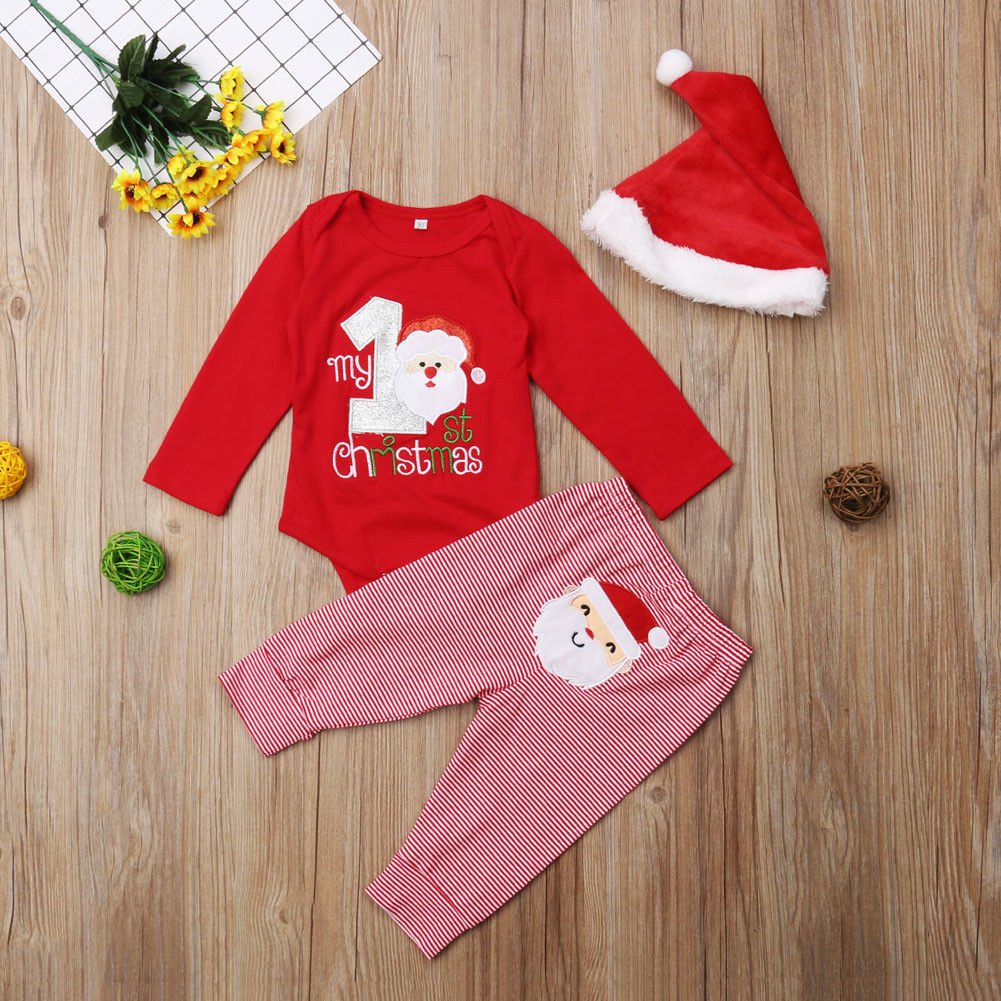 Infant Christmas Clothing 3 Piece Autumn and Winter Boys Girls Long Sleeve Romper Striped Pants Hat Set Cute Baby Suit
