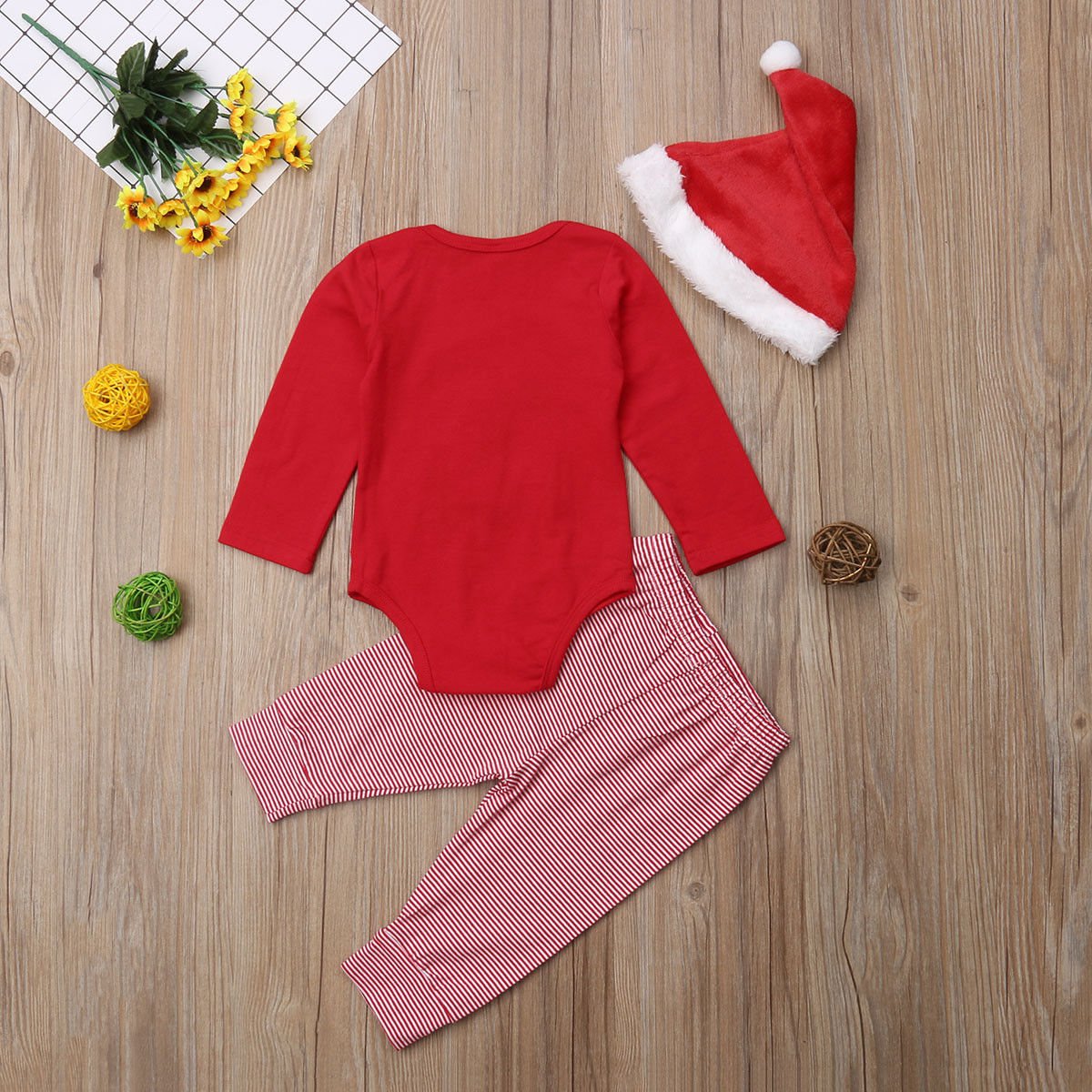 Infant Christmas Clothing 3 Piece Autumn and Winter Boys Girls Long Sleeve Romper Striped Pants Hat Set Cute Baby Suit