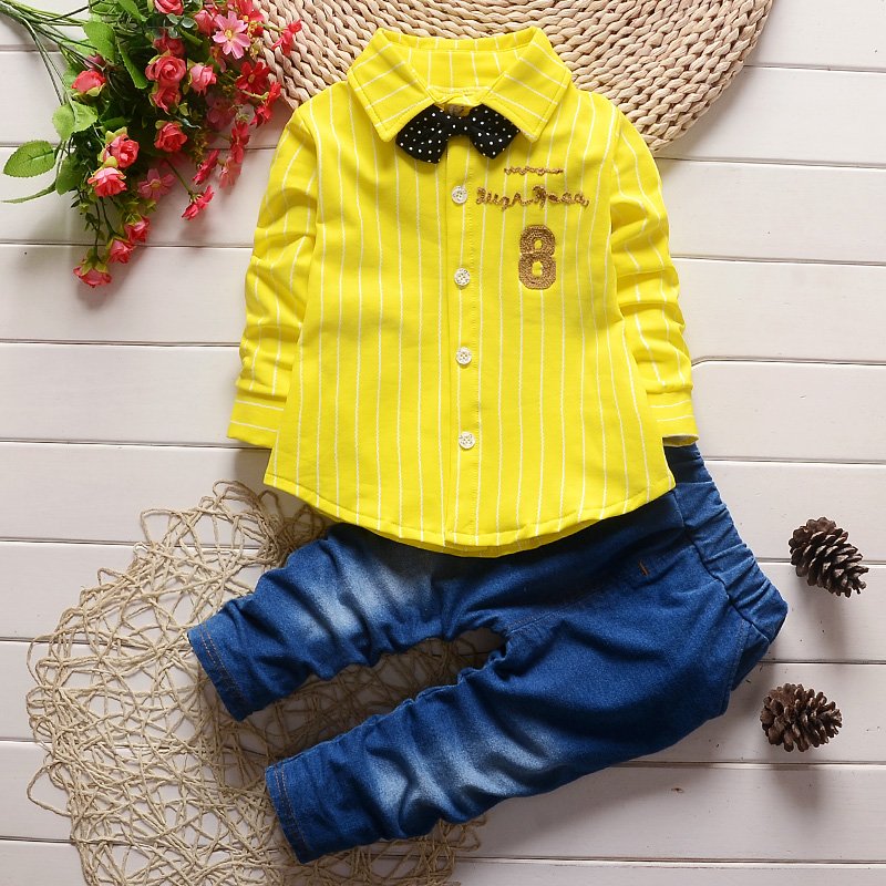 Wholesale factory direct hot selling fashion spring fall bow tie 8 word long sleeve shirt jeans children kids clothes for boys