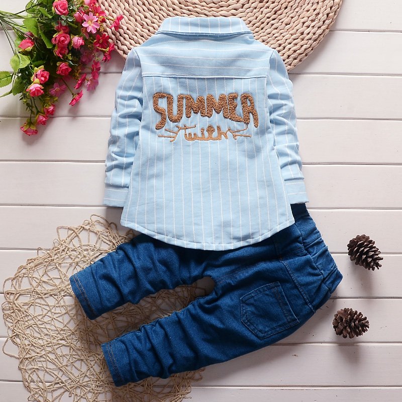 Wholesale factory direct hot selling fashion spring fall bow tie 8 word long sleeve shirt jeans children kids clothes for boys