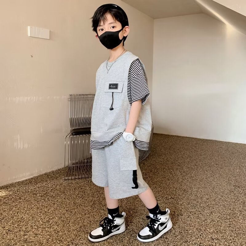 2024 New Summer Fashion Trendy Sportswear Two-Piece Set Large Boys Children's Wear Handsome Style Short Sleeves Printed Pattern