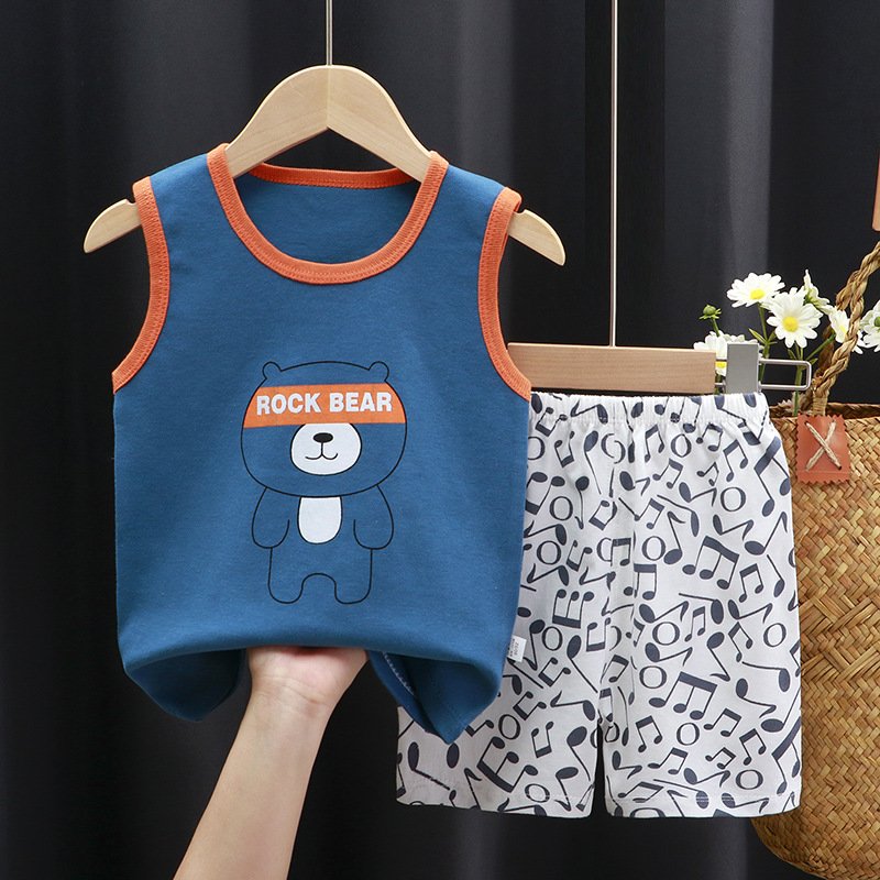 0-7 Years Kids Clothes In Bulk Boys Clothes Wearing Sleeveless O-neck Cartoon Printed Designer Boys Clothing Sets Summer Clothes