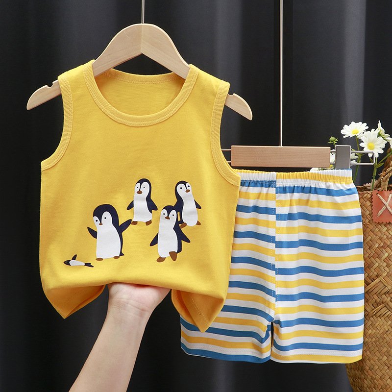 0-7 Years Kids Clothes In Bulk Boys Clothes Wearing Sleeveless O-neck Cartoon Printed Designer Boys Clothing Sets Summer Clothes