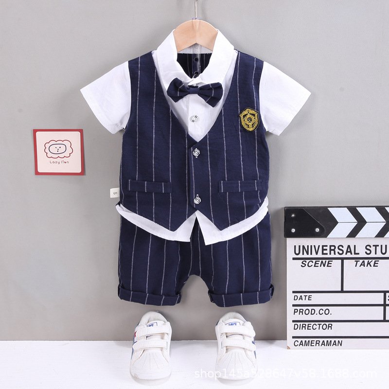 2024 Summer Toddler Wedding Party Outfit Set Short Sleeve Lapel Bowknot Striped Waistcoat Shirt Pants 2Pcs Formal Boys Suits