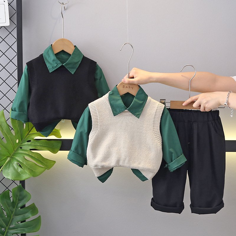 College Style Kids Clothes Baby Sets 3pcs Long Sleeve Shirt+Vest+Pants Warm Autumn Clothing Set Baby Boys Tops+Pant Set