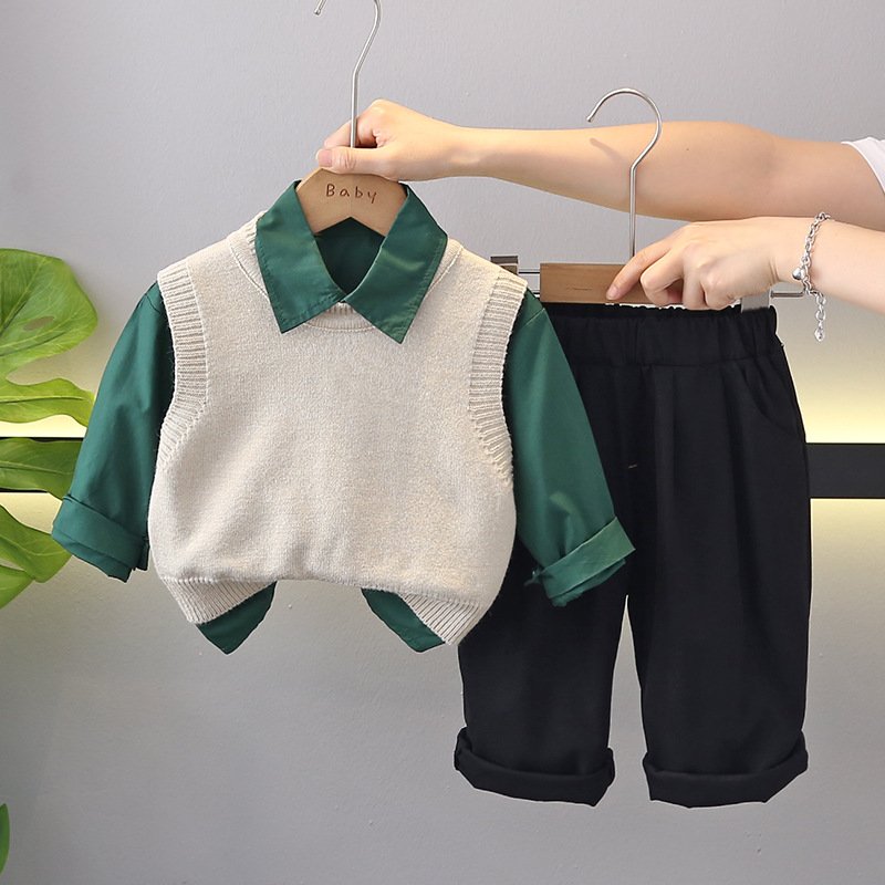 College Style Kids Clothes Baby Sets 3pcs Long Sleeve Shirt+Vest+Pants Warm Autumn Clothing Set Baby Boys Tops+Pant Set
