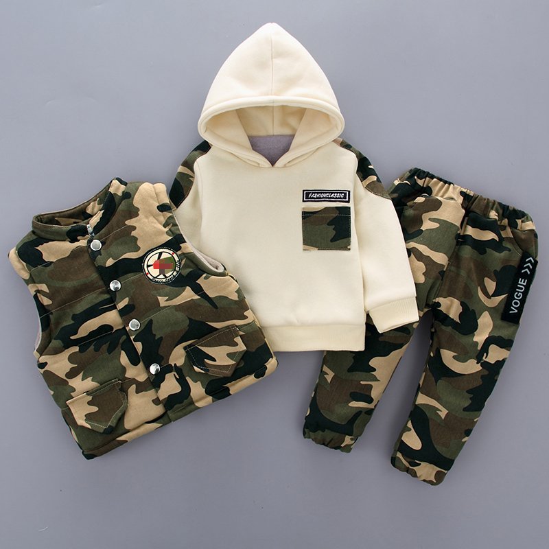 Winter boy hoodie with vest and pants 3 pieces of camouflage clothing kids hoodie children clothes